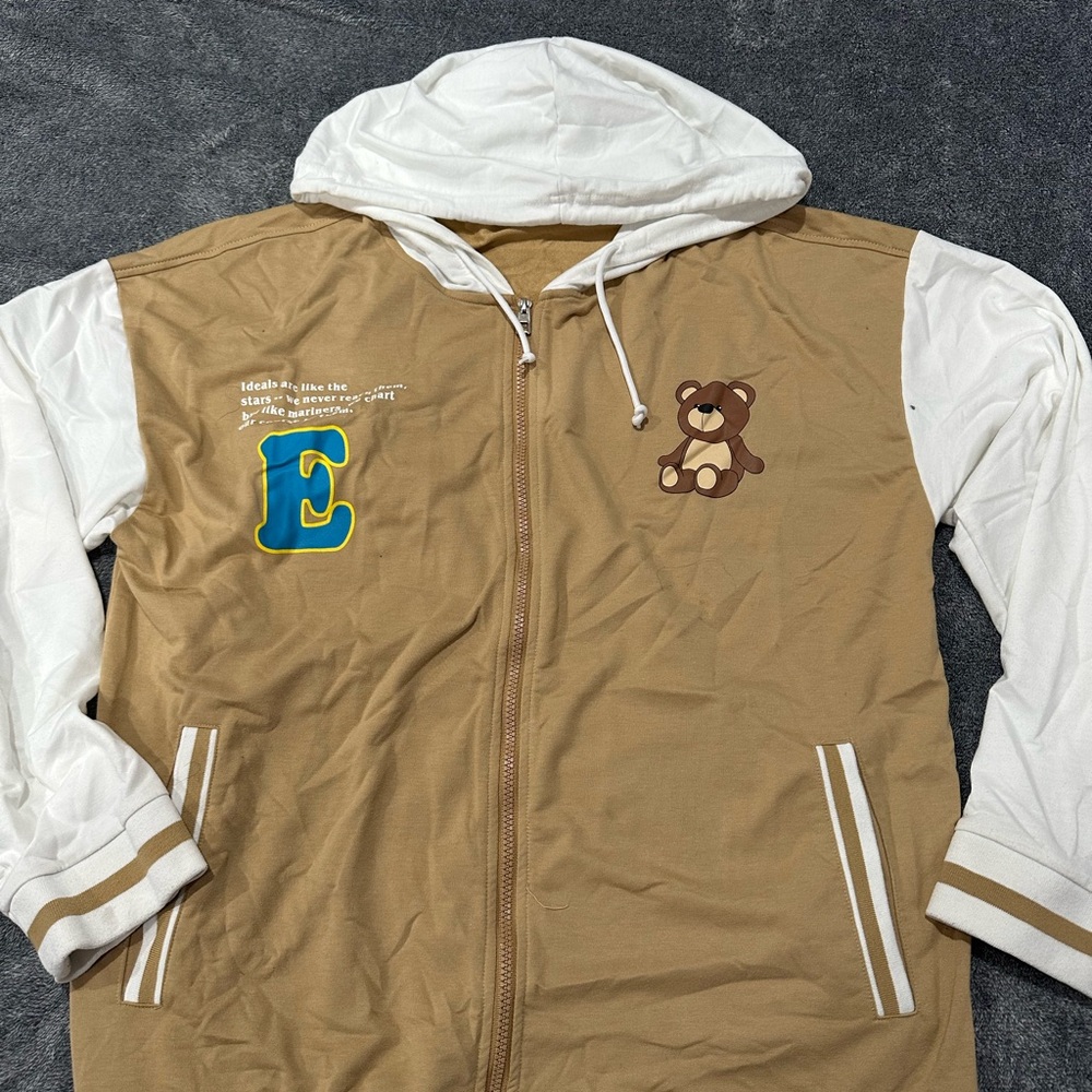 Tan and White Hoodie with Bear Patch